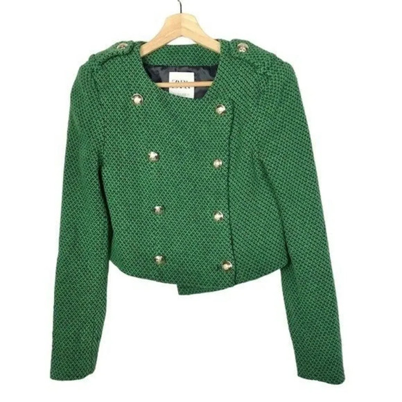 Zara Lawn Green Textured Weave Cropped Blazer Jacket S - Picture 3 of 7